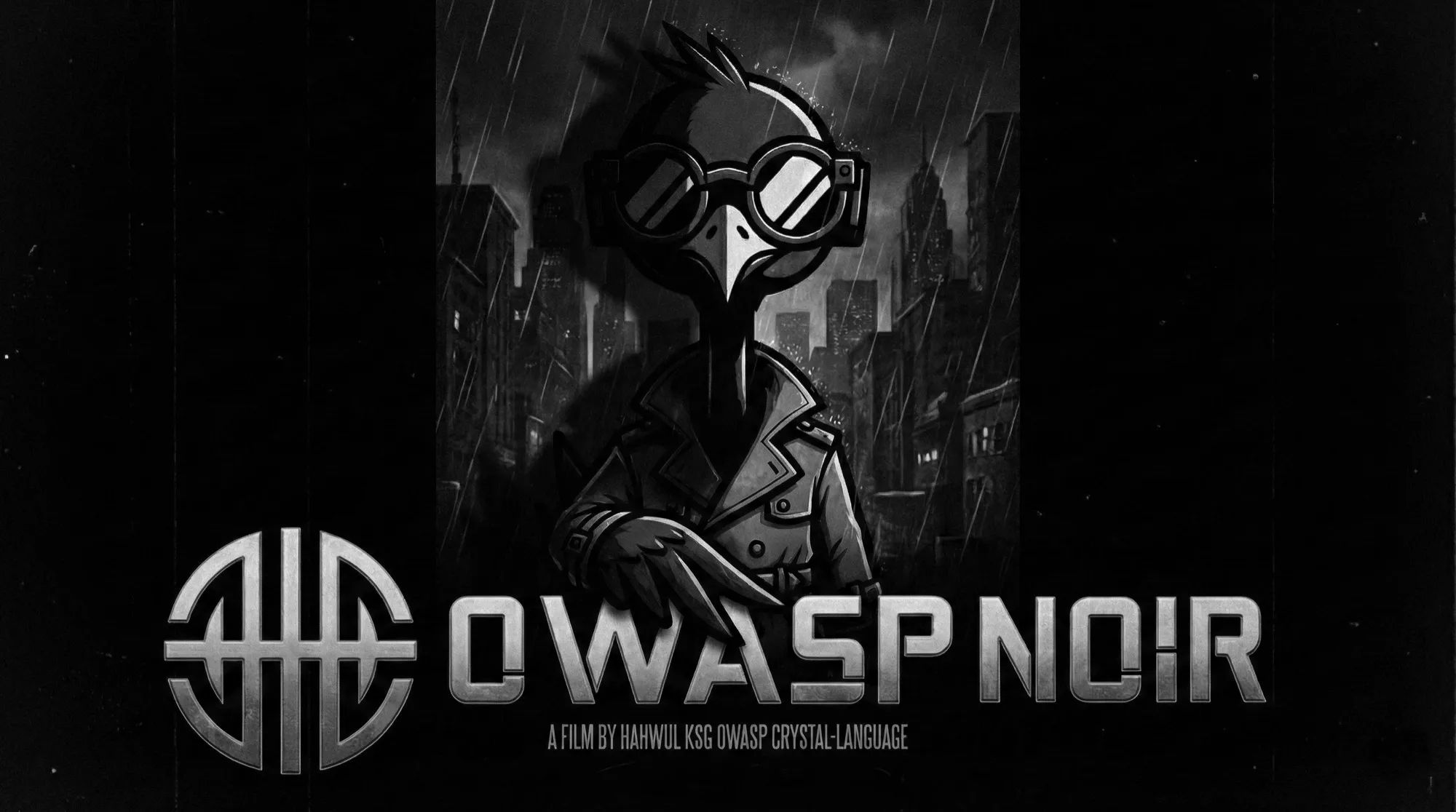 A film poster of Hak, the OWASP Noir mascot: a crane in a trench coat and goggles, standing in the rain.