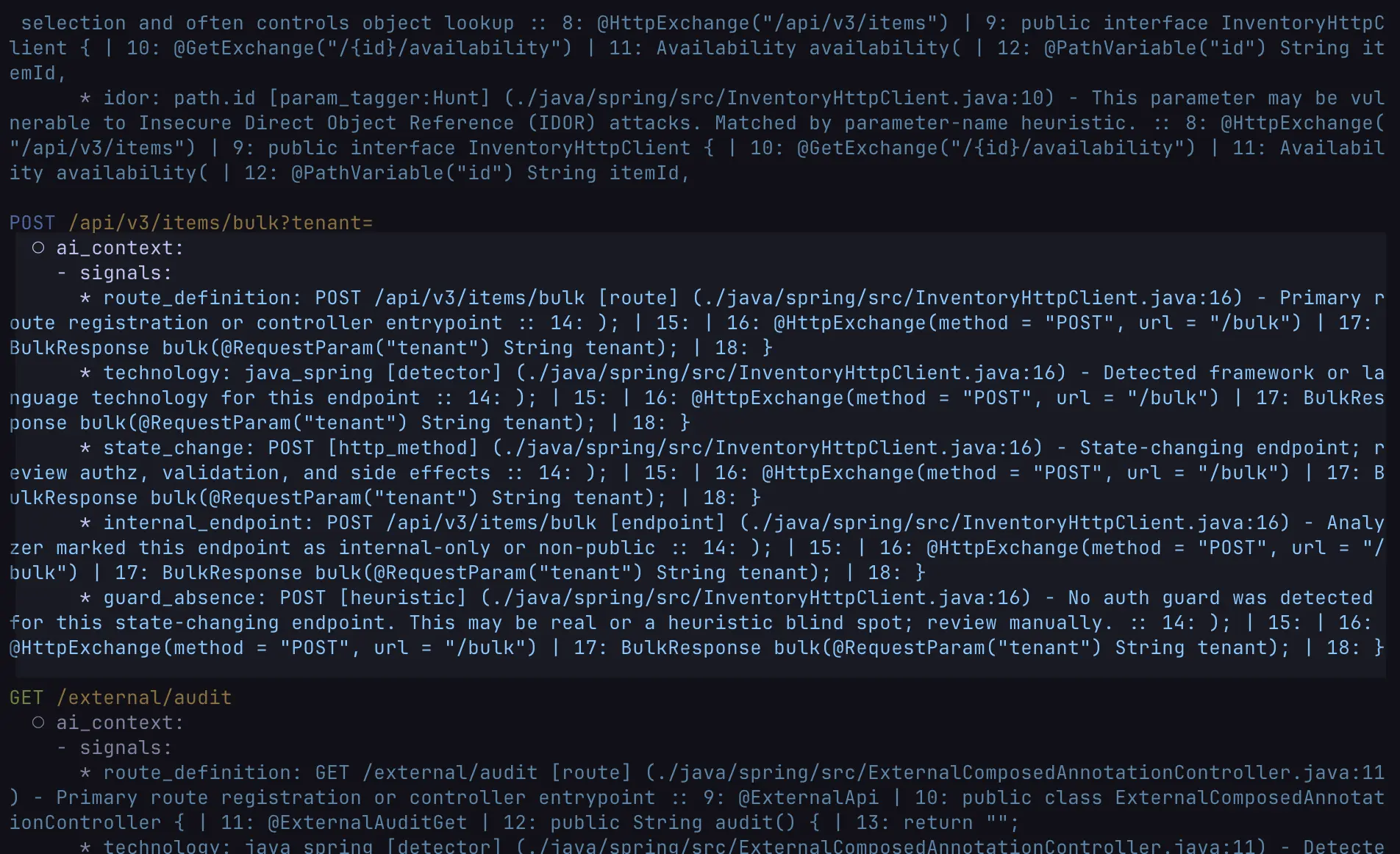 Per-endpoint AI context: callees, guards, and security signals