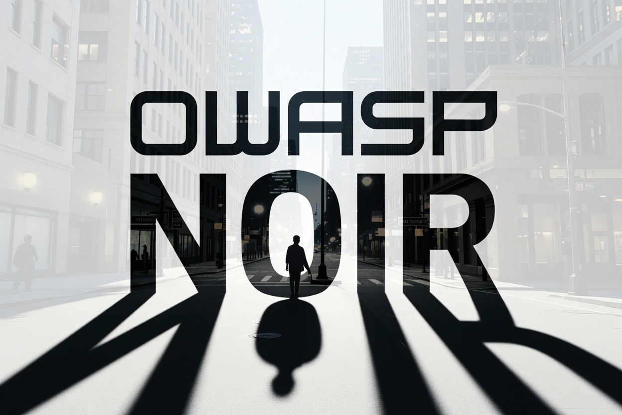 The same deserted city street in daylight fog, with the OWASP Noir wordmark cast across it in shadow.
