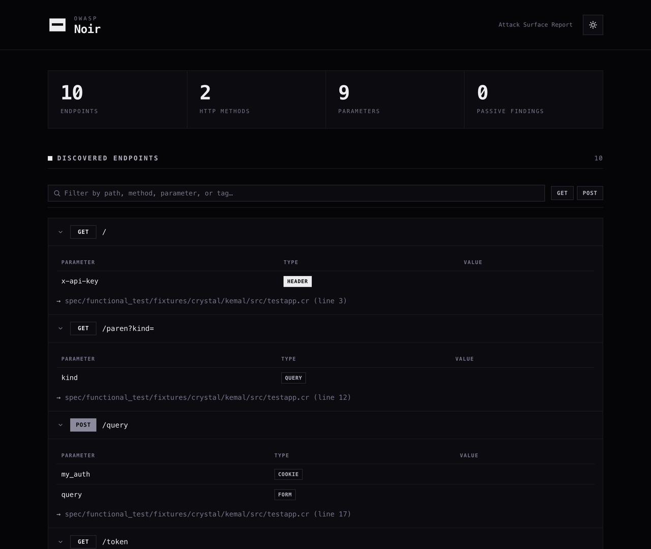Noir HTML report — dark theme